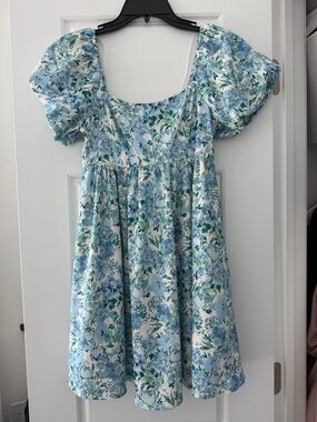 Blue Floral Puff-Sleeve Kids Dress